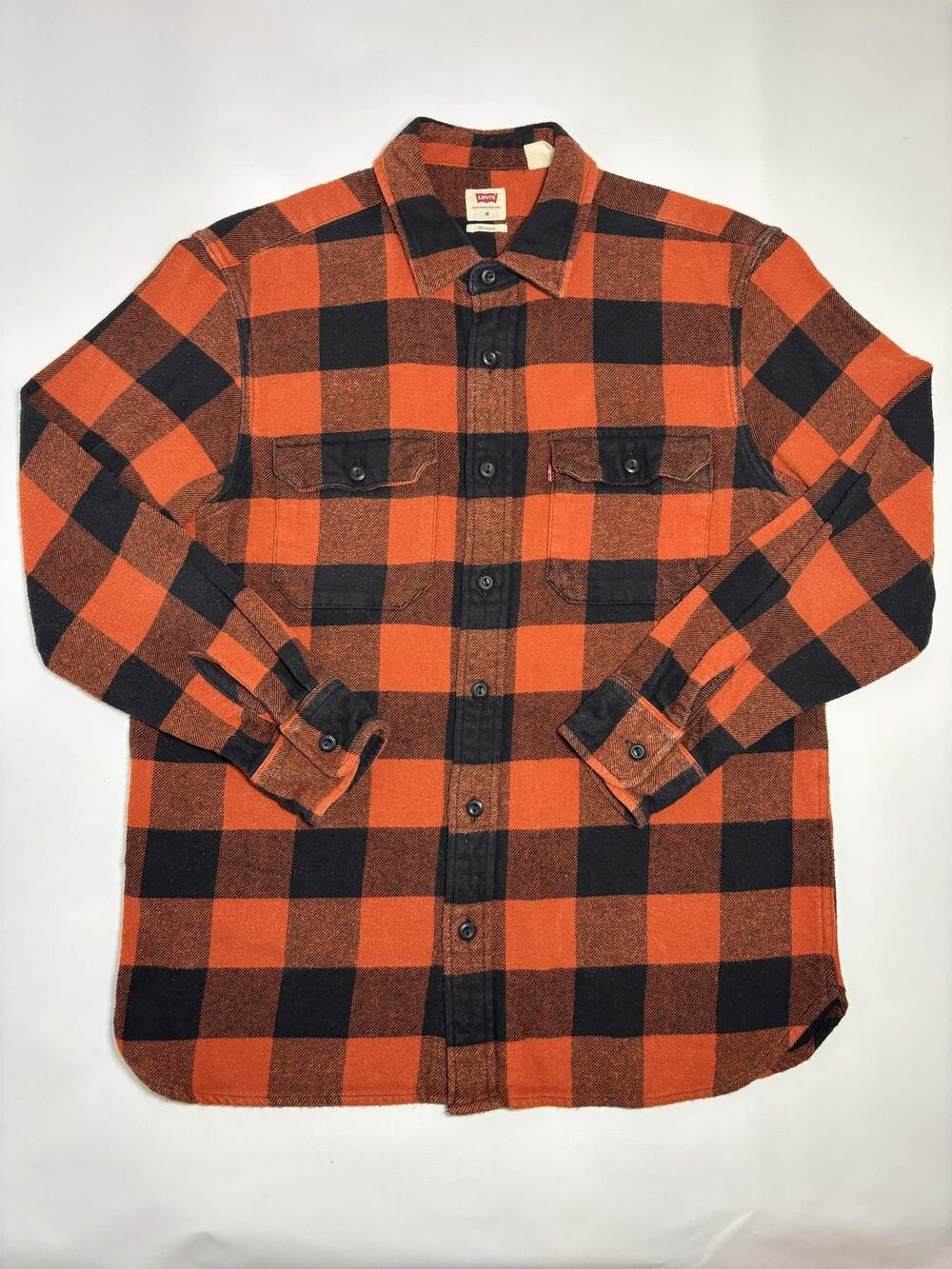 Levi's Flannel Shirt Mens Medium Orange Black Buffalo Plaid